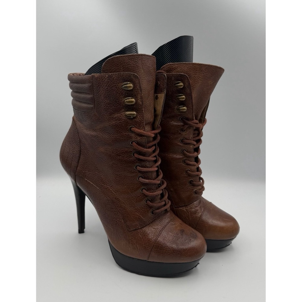 Y2K Jessica Simpson Scopito Brown Leather Lace Up Platform Boots Heels Size 10B